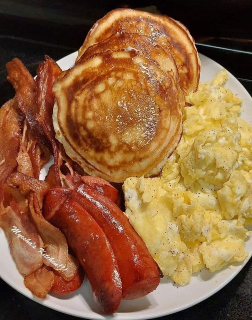 Hearty Breakfast Platter: Pancakes, Sausage, Bacon, & Eggs