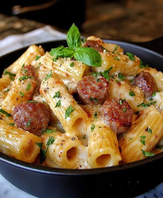 Garlic Sausage Alfredo Rigatoni