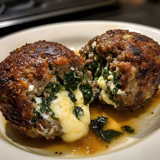 Spinach Garlic Meatballs Stuffed with Mozzarella