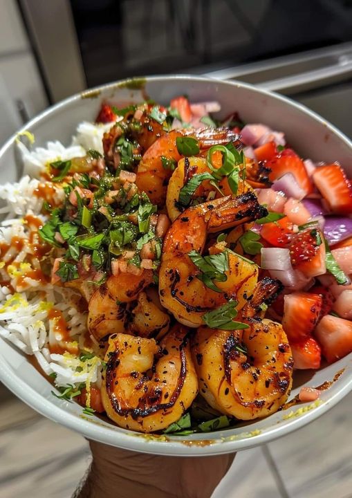 Lemon Herb Shrimp Bowl with Strawberry-Basil Topping