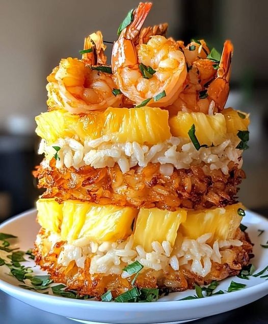 COCONUT SHRIMP AND PINEAPPLE RICE STACK