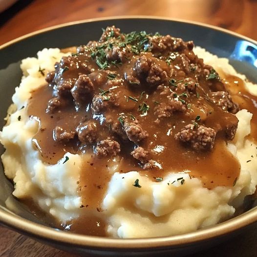 Ground Beef and Gravy Over Mashed Potatoes