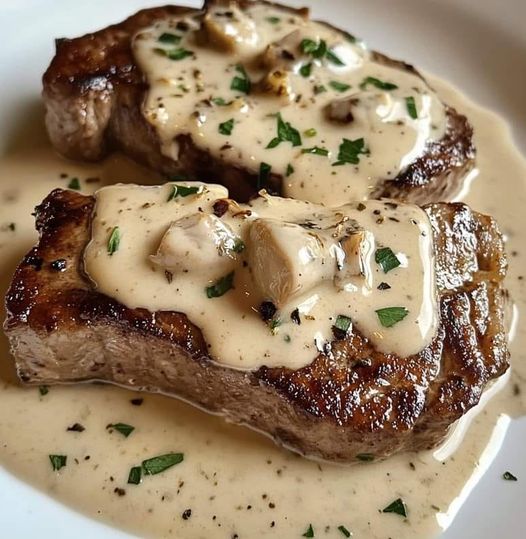 Steak with Ghostly Bourbon Garlic Cream Sauce