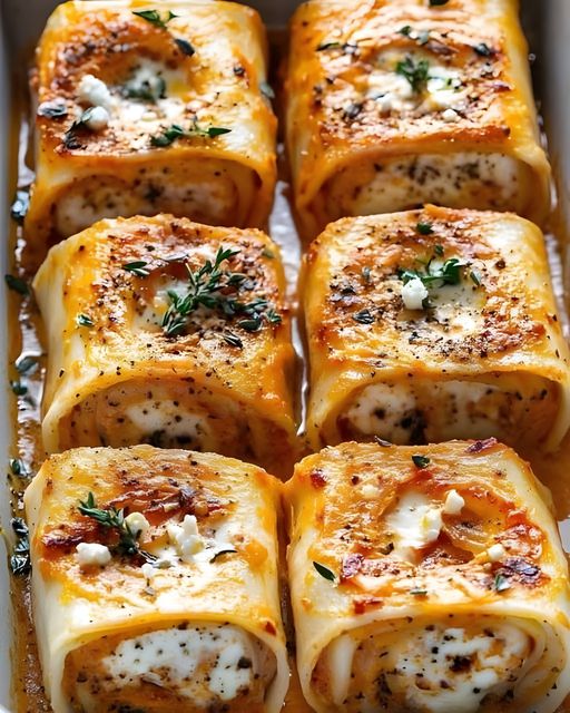 Roasted Red Pepper and Goat Cheese Alfredo Roll-Ups